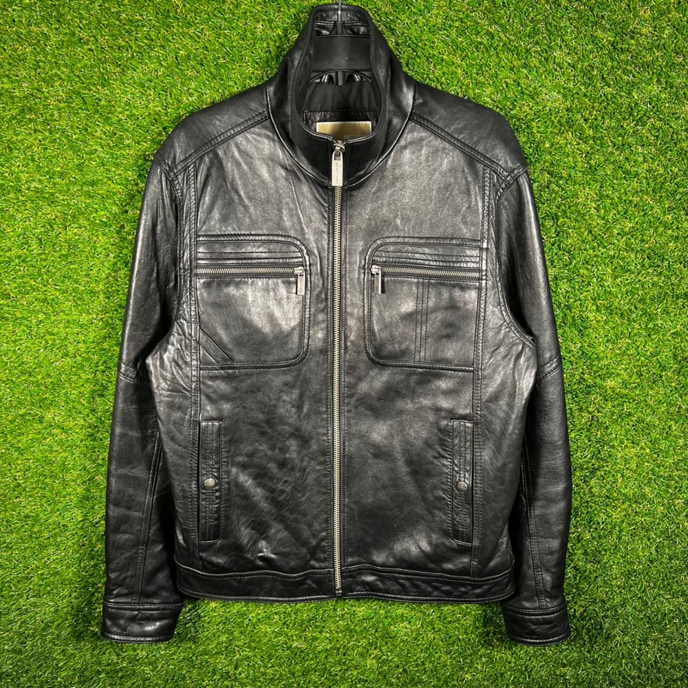 Michael‎ Kors Womens Black Leather Moto Jacket Stand Collar Full Zip Size S